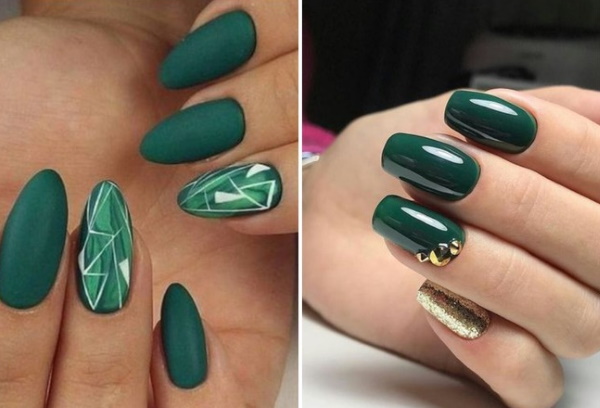 Manicura de disseny maragda. Foto, tendències de moda per a ungles curtes i llargues amb daurats, pedreria, lluentons, plata