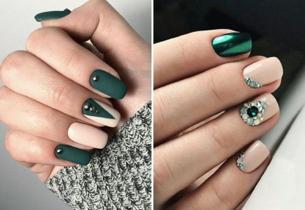 Manicura de disseny maragda. Foto, tendències de moda per a ungles curtes i llargues amb daurats, pedreria, lluentons, plata