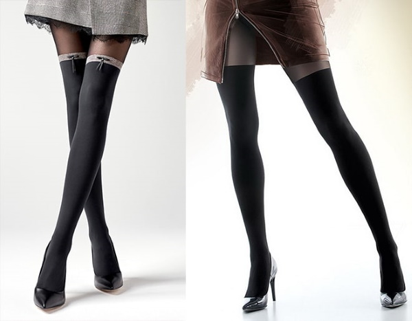 Collants avec bas d'imitation. Photo, où acheter, quoi porter