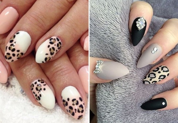 Manicura de lleopard. Foto, impressions amb esmalt de gel: vermell, rosa, blanc, negre, francès