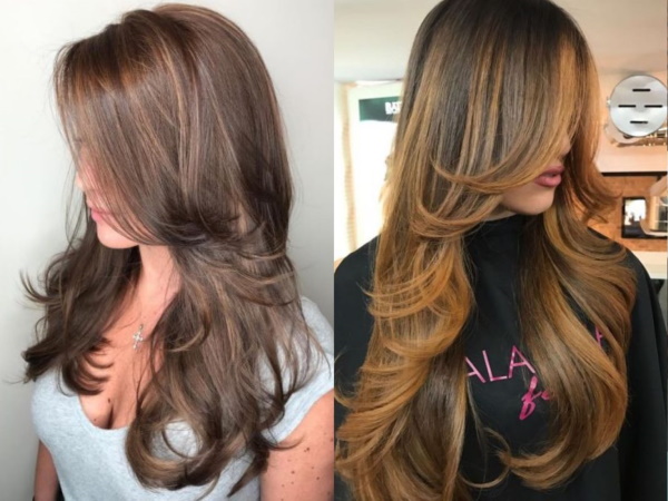 Coupes de cheveux pour cheveux longs avec une frange latérale pour les femmes. Une photo