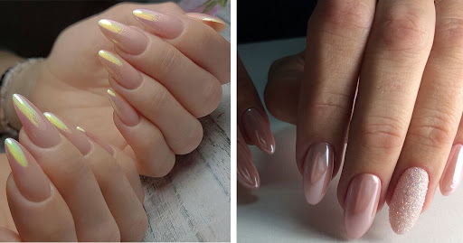 Manicura neutral amb esmalt de gel en ungles curtes i llargues. Una foto