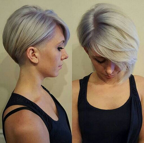 La coupe de cheveux Pixie bob pour femme est allongée, asymétrique, courte. Une photo